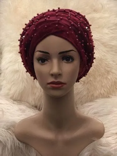 Large Beaded Double Burgundy velvet Turban headwraps | Premade Chemocap