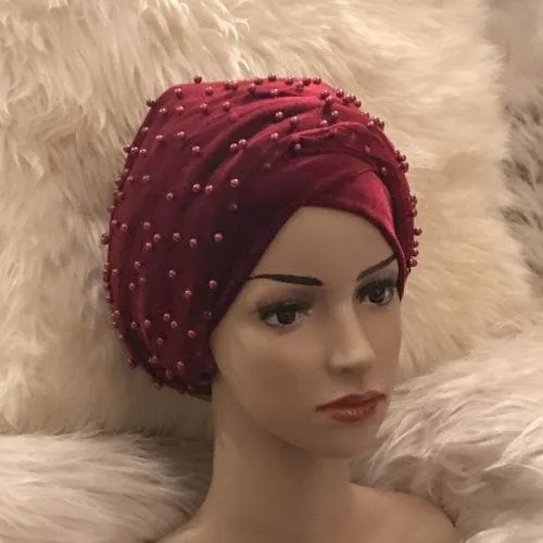 Large Beaded Double Burgundy velvet Turban headwraps | Premade Chemocap