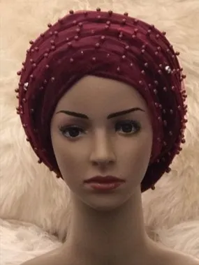 Large Beaded Double Burgundy velvet Turban headwraps | Premade Chemocap