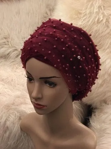 Large Beaded Double Burgundy velvet Turban headwraps | Premade Chemocap