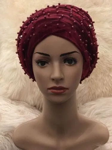 Large Beaded Double Burgundy velvet Turban headwraps | Premade Chemocap