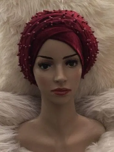 Large Beaded Double Burgundy velvet Turban headwraps | Premade Chemocap