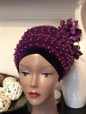 Large Beaded  Purple Double velvet Turban headwraps | Premade Chemocap