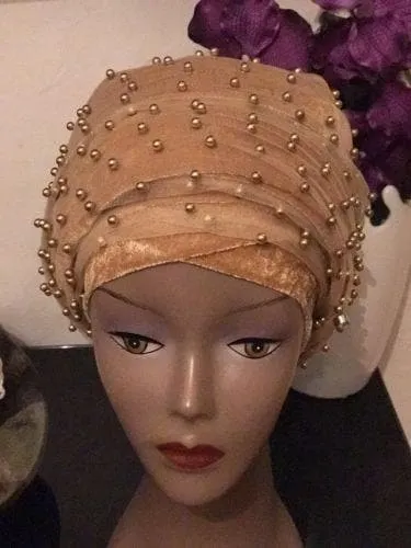 Large Beaded  Red Double velvet Turban Head Wraps | Premade Chemocap