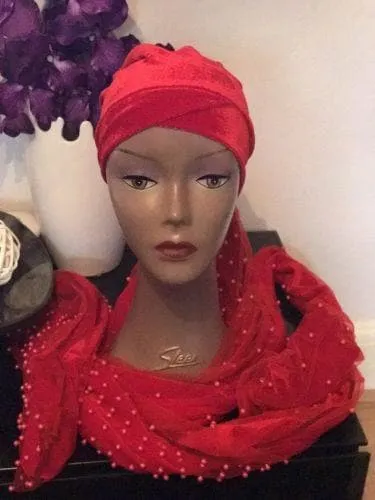 Large Beaded  Red Double velvet Turban Head Wraps | Premade Chemocap