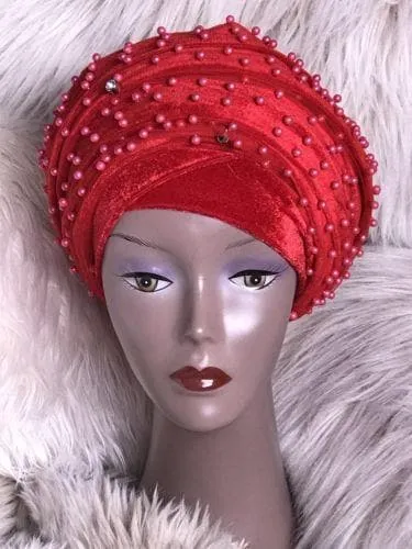 Large Beaded  Red Double velvet Turban Head Wraps | Premade Chemocap