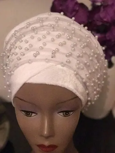 Large Beaded  Red Double velvet Turban Head Wraps | Premade Chemocap