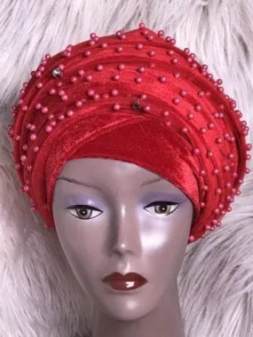 Large Beaded  Red Double velvet Turban Head Wraps | Premade Chemocap