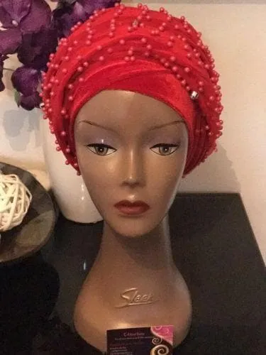 Large Beaded  Red Double velvet Turban Head Wraps | Premade Chemocap