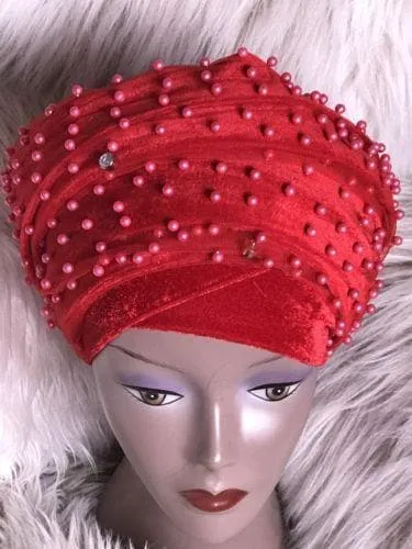 Large Beaded  Red Double velvet Turban Head Wraps | Premade Chemocap