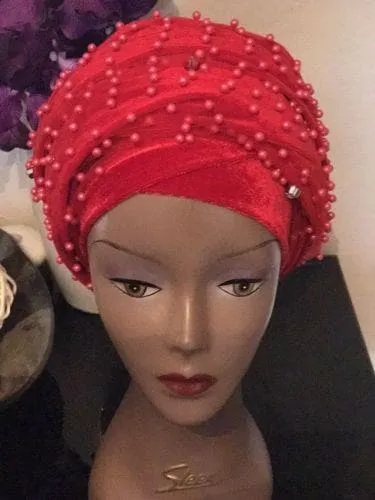 Large Beaded  Red Double velvet Turban Head Wraps | Premade Chemocap