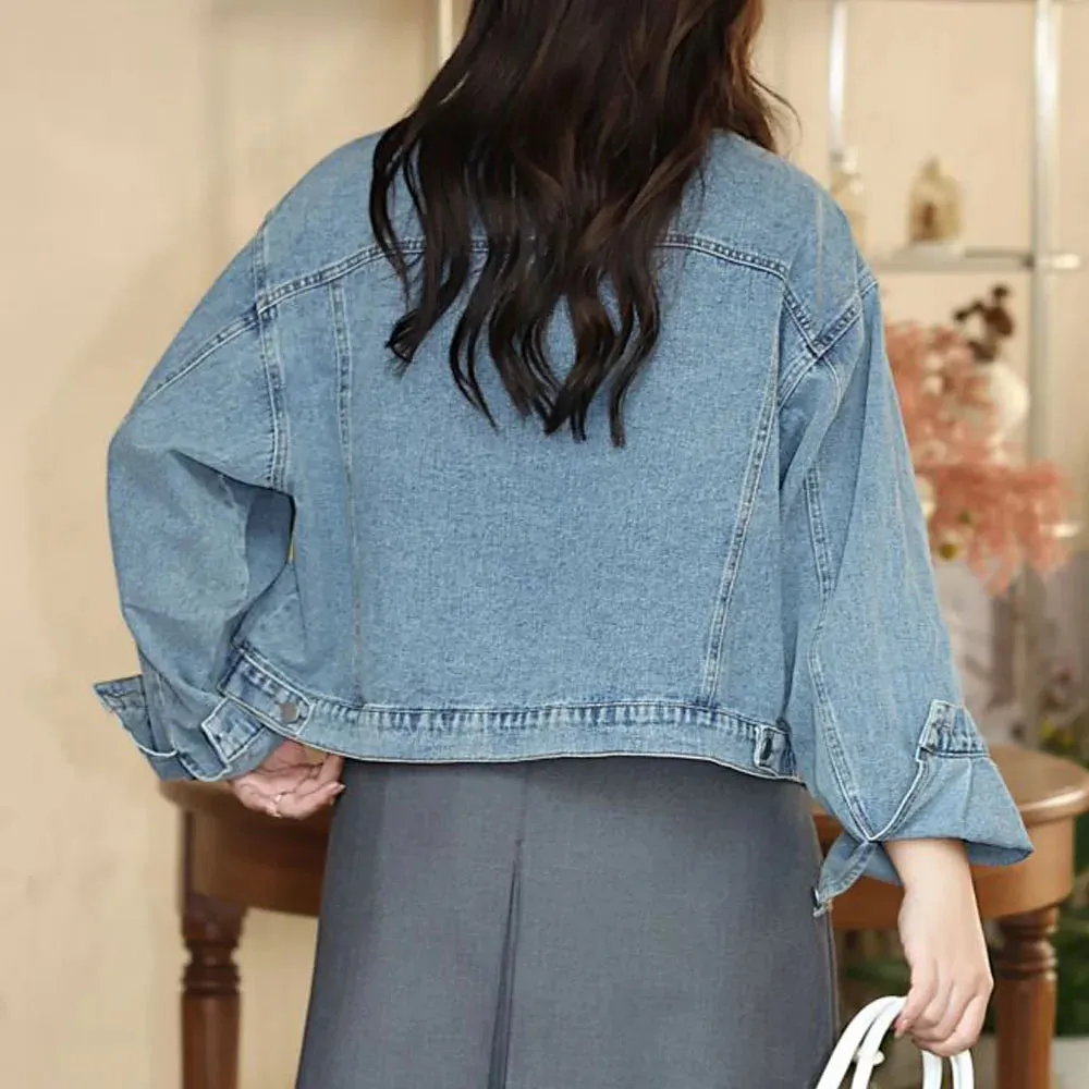 Light Blue Single Breasted Denim Plus Size Women's Coat Jacket