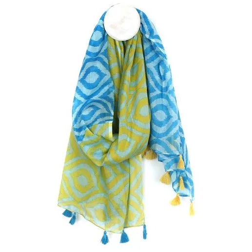 Lime Green & Aqua Blue Ikat Diamond Print Cotton Scarf