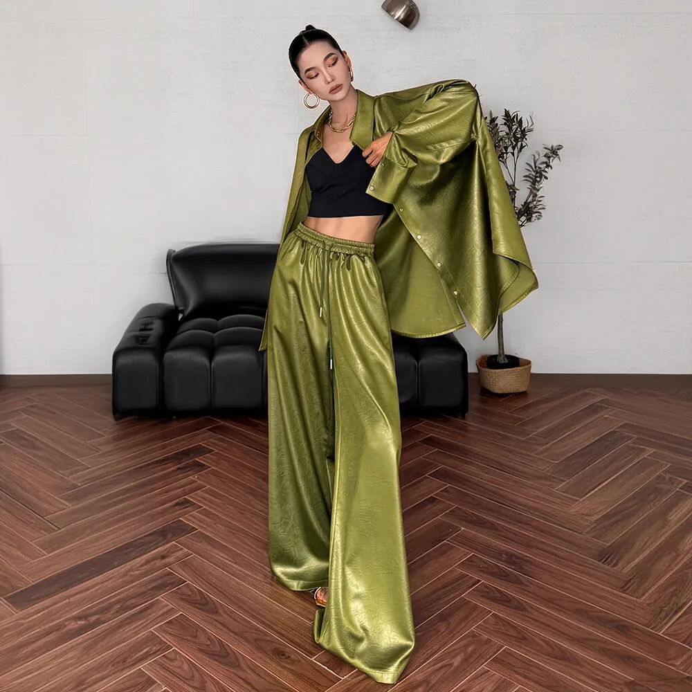 Luxury Satin Pleated Texture Women's Long Sleeve Shirt Set