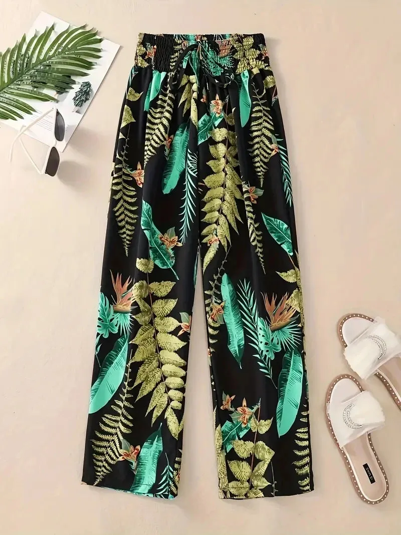 LVSANW 2024 Floral Pants Spring and Summer Thin High Waist Slim Ice Silk Stretch Floral straight-leg Women's Pants