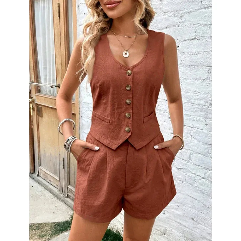 LVSANW Cotton Shorts Sets for Women 2 Pieces Sexy Sleeveless Single Breasted Vest Top   Shorts Suit Elegant Office Lady Tracksuit