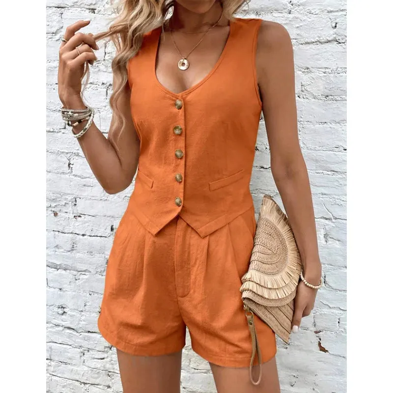 LVSANW Cotton Shorts Sets for Women 2 Pieces Sexy Sleeveless Single Breasted Vest Top   Shorts Suit Elegant Office Lady Tracksuit