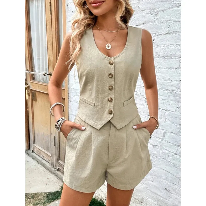 LVSANW Cotton Shorts Sets for Women 2 Pieces Sexy Sleeveless Single Breasted Vest Top   Shorts Suit Elegant Office Lady Tracksuit