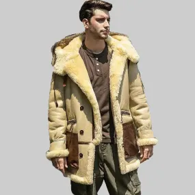 Men's Ivory Yellow Leather Shearling Jacket - Hooded Sheepskin Coat