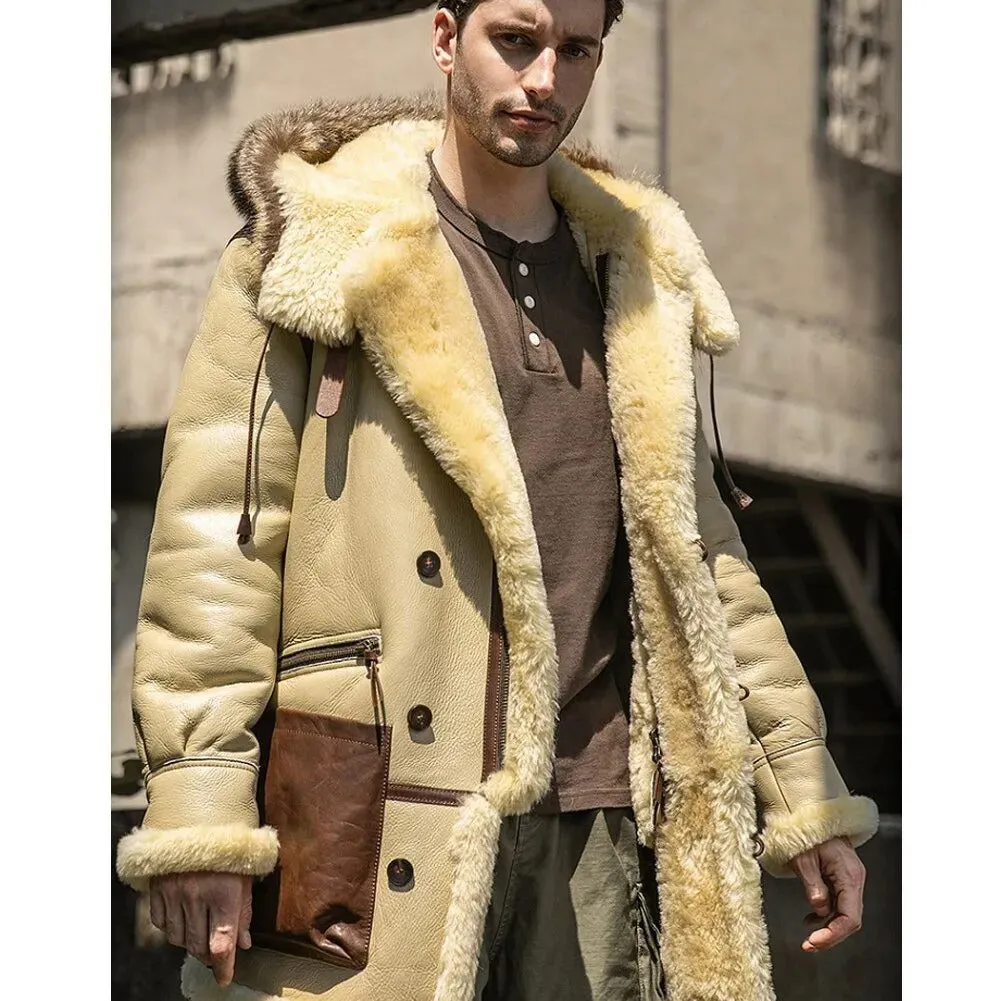 Men's Ivory Yellow Leather Shearling Jacket - Hooded Sheepskin Coat