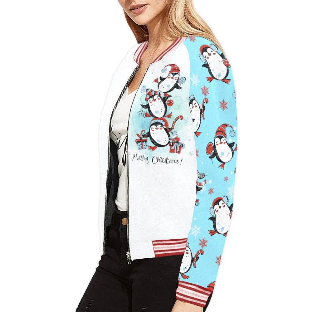 Merry Christmas Penguin Tree Bomber Jacket for Women