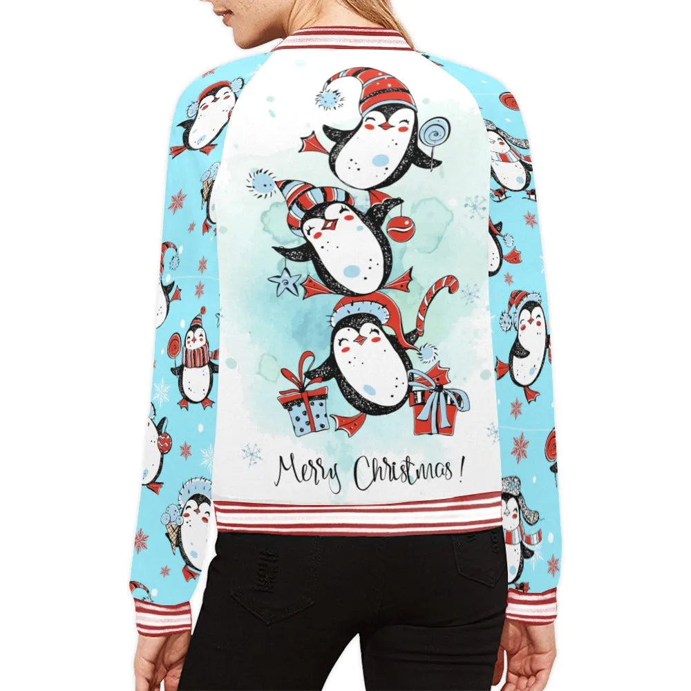 Merry Christmas Penguin Tree Bomber Jacket for Women