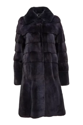 Navy Blue Horizontal & Vertical Plucked Mink Fur Coat