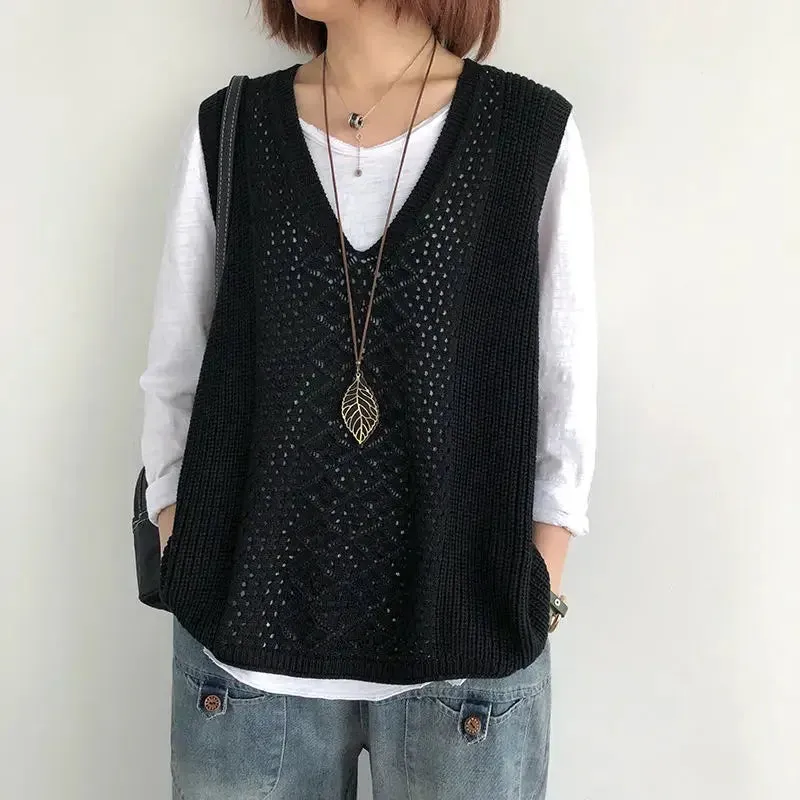 New Hollow Out Thin Knitted Sleeveless Sweater Vest Korean Fashion Spring Autumn Women Loose V-Neck Casual Pullover Jersey