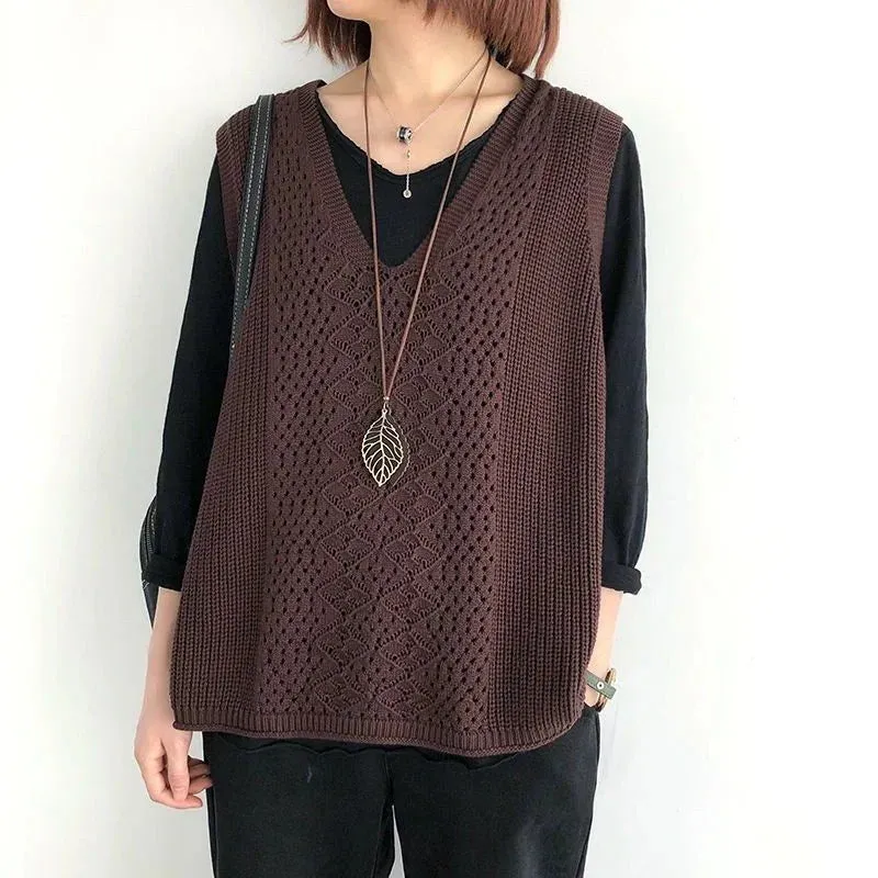 New Hollow Out Thin Knitted Sleeveless Sweater Vest Korean Fashion Spring Autumn Women Loose V-Neck Casual Pullover Jersey