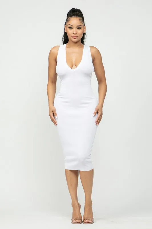 Olivia V-Cut Racerback Midi Dress (White)