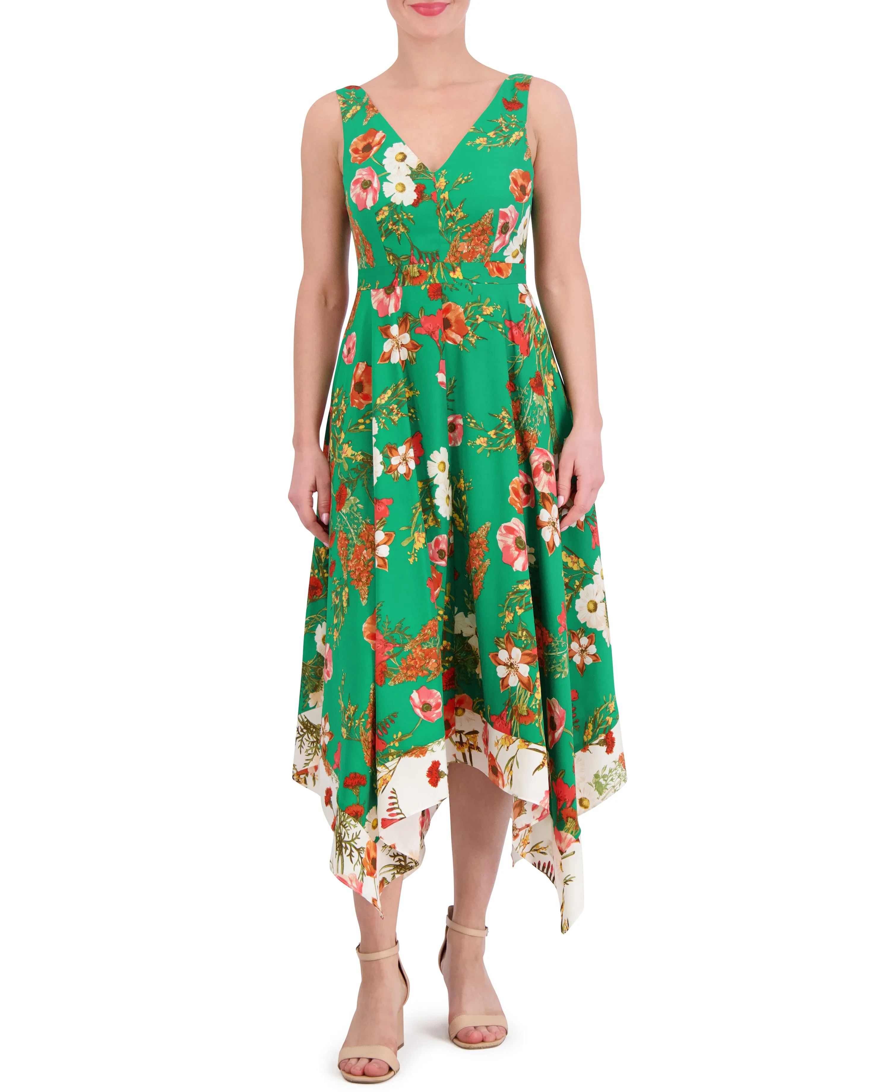 Petite Floral-Print Handkerchief-Hem Dress