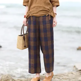 Plaid Linen Summer Wide  Leg Pants Autumn Women Casual Pants SMM97239