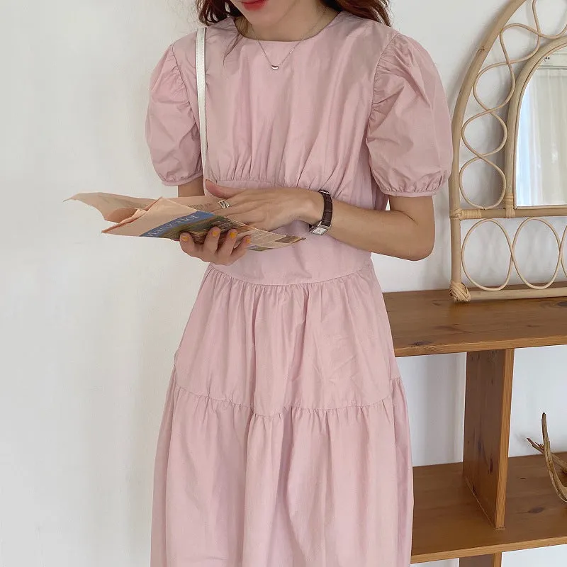 Pleated Slimming Puff Sleeve Kikyou Dress