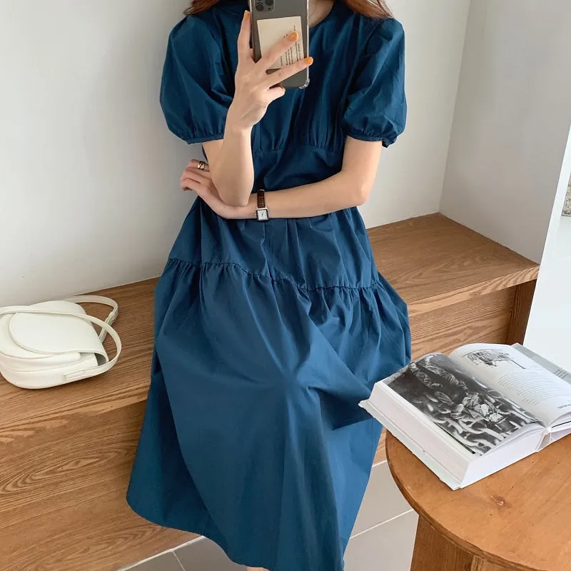 Pleated Slimming Puff Sleeve Kikyou Dress