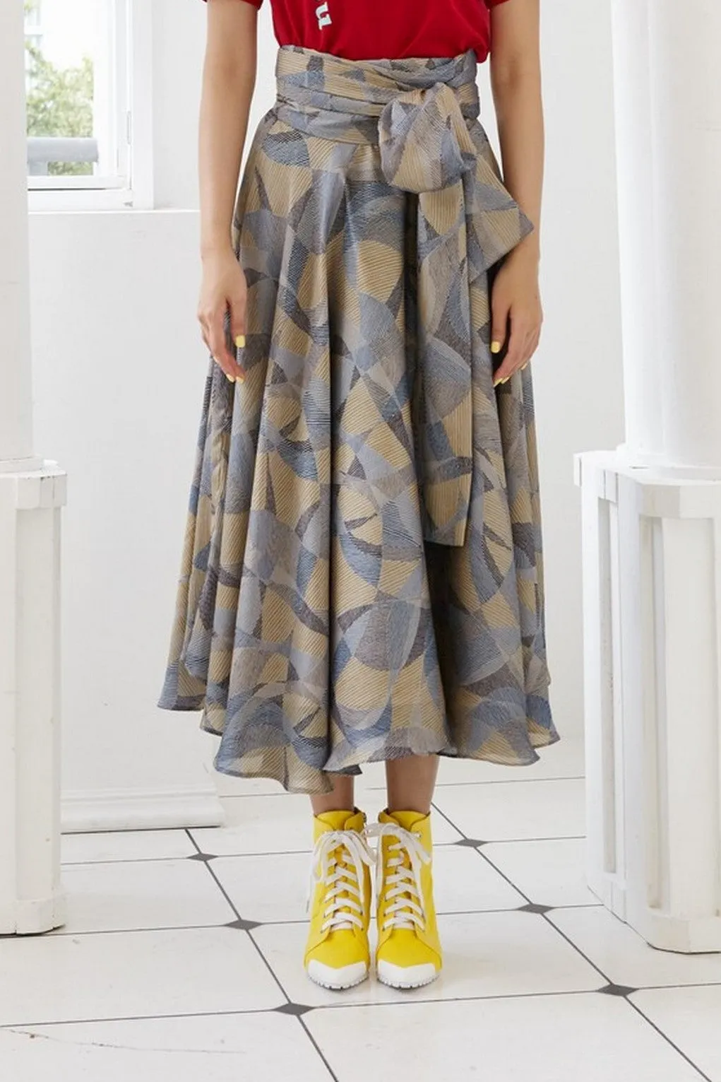 Pre-Order GREY AND GOLD GEOMETRIC PRINTED CHIFFON SILK - WRAP SKIRT - MULTI