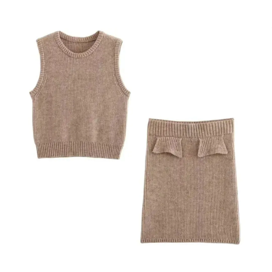 Pre Order:  Round Neck Knitted Vest   Hip Hugging Knitted Skirt