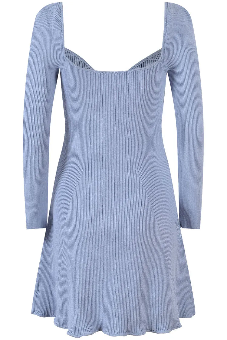 Pretty Sweetheart Long Sleeve Lace Trim Cashmere Sweater Mini Dress - Blue