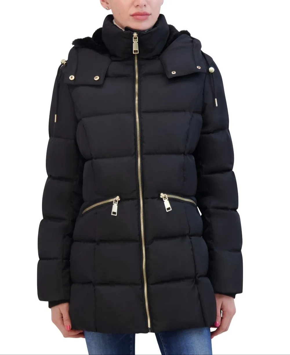 Rebecca Minkoff Women's Fitted Vegan Down Coat With Fur Lined Hood