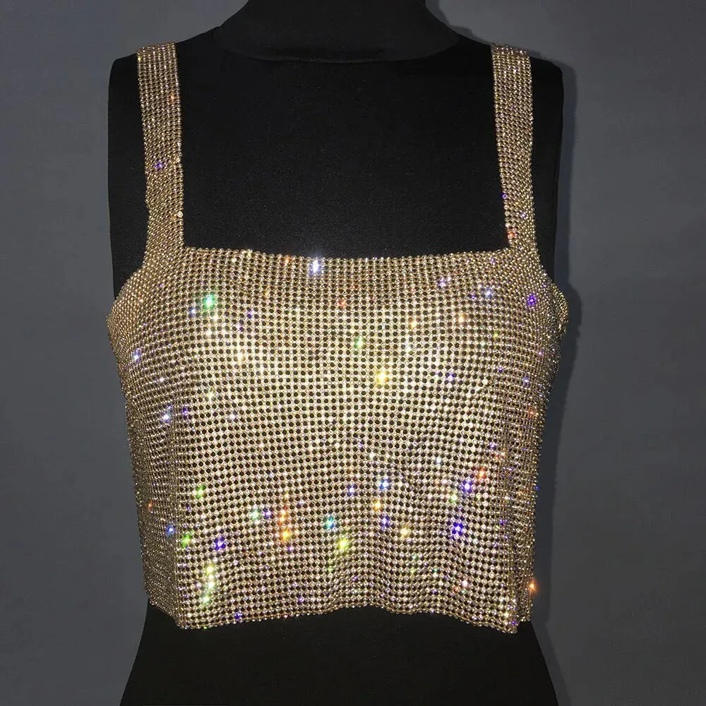 Rhinestone Metal Back Mesh Sleeveless Vest Hot Chain Hollow Sexy Party Femme Club Beach Crop Girl Top