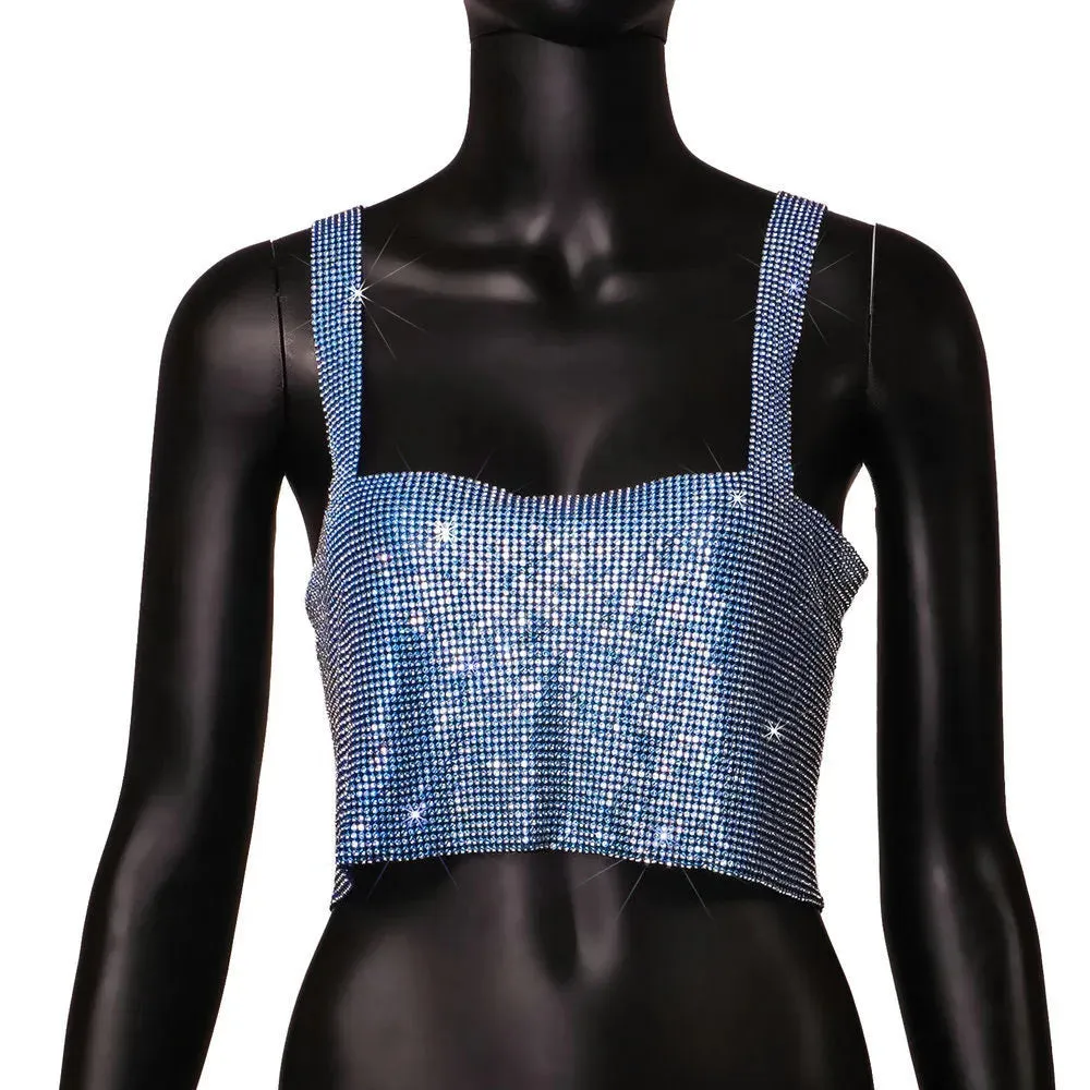 Rhinestone Metal Back Mesh Sleeveless Vest Hot Chain Hollow Sexy Party Femme Club Beach Crop Girl Top