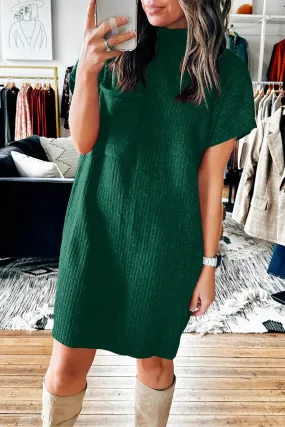 Ribbed Knit Short Sleeve Sweater Dress in Blackish Green