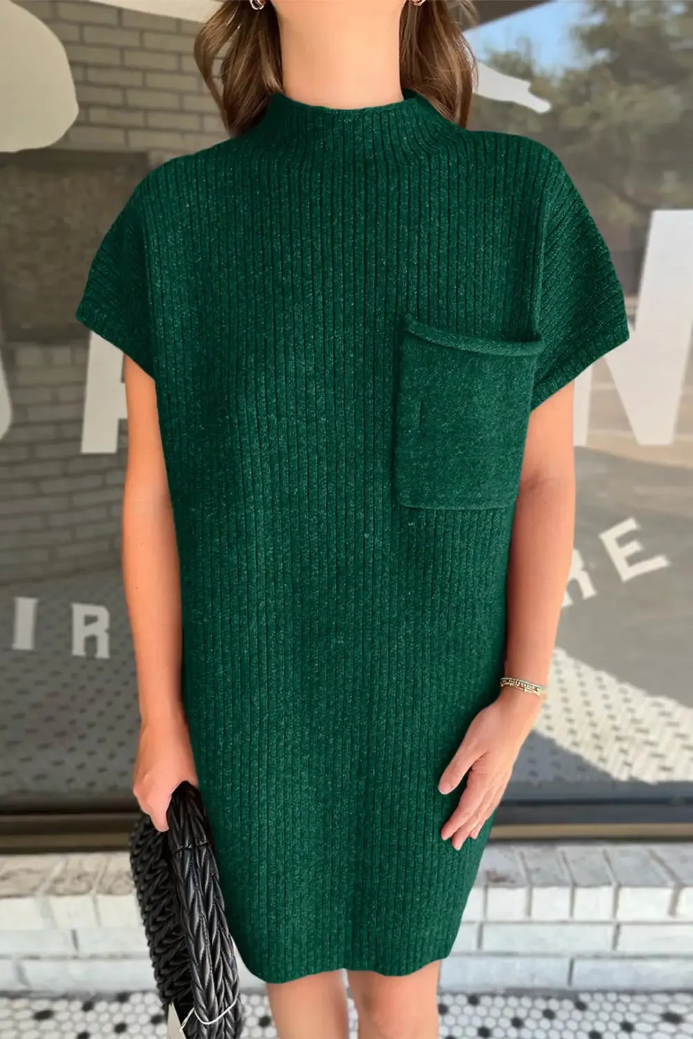 Ribbed Knit Short Sleeve Sweater Dress in Blackish Green