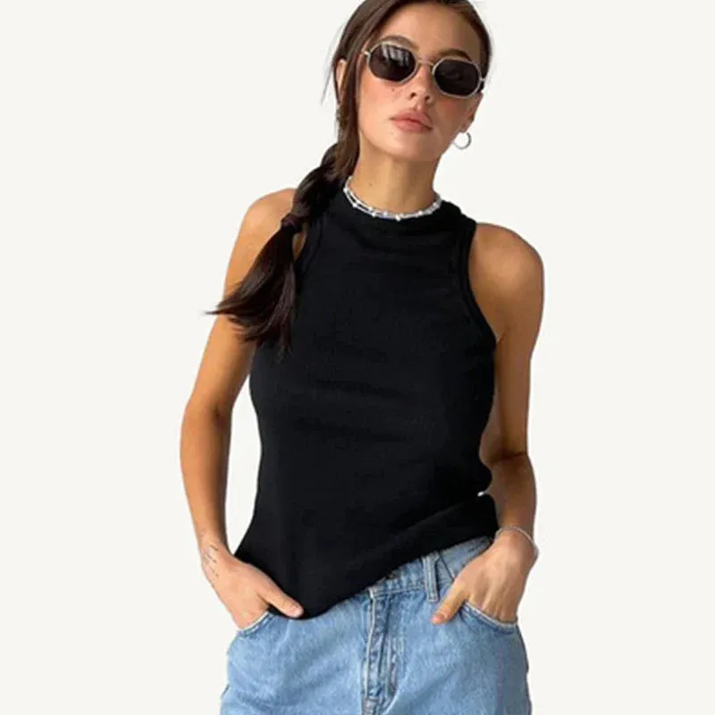 Ribbed Knitted Neck Summer Basic Shirts White Black Casual Sport Vest Off Shoulder Green Women's Tank Top