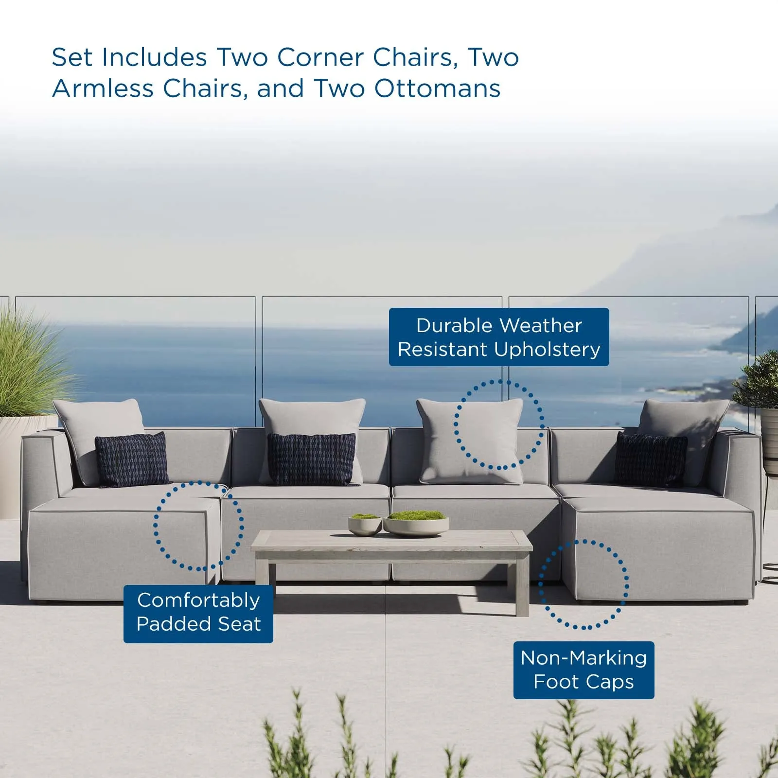 Saybrook Outdoor Patio Upholstered 6-Piece Sectional Sofa Gray EEI-4383-GRY