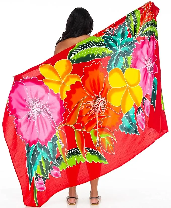 SHU-SHI Womens Plus Size Sarong Hibiscus Floral Pareo Cover Up - Flower Beach Wrap Long Pool Resort Skirt