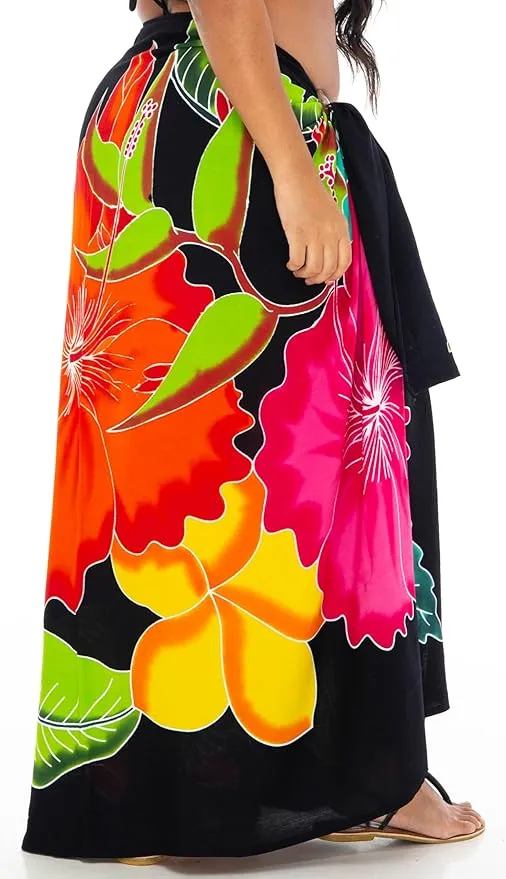 SHU-SHI Womens Plus Size Sarong Hibiscus Floral Pareo Cover Up - Flower Beach Wrap Long Pool Resort Skirt