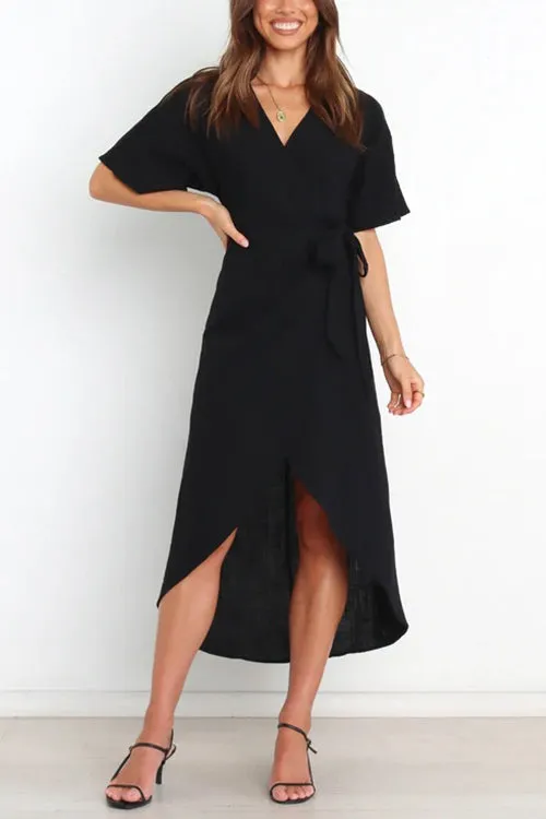 Solid V Neck Tulip Wrap Dress