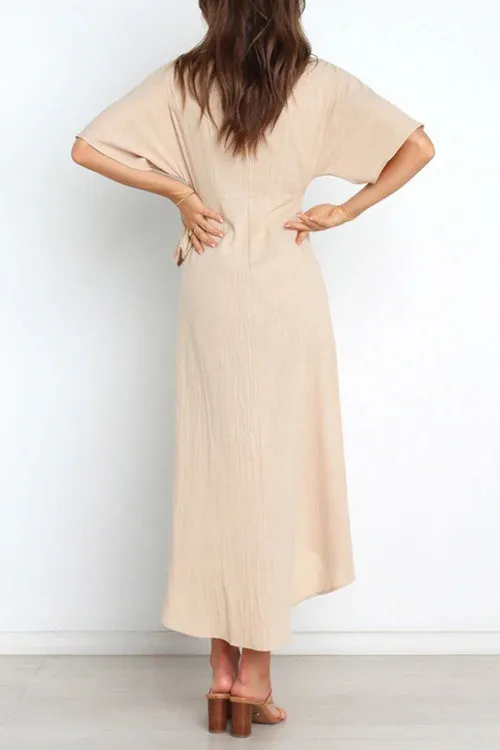 Solid V Neck Tulip Wrap Dress