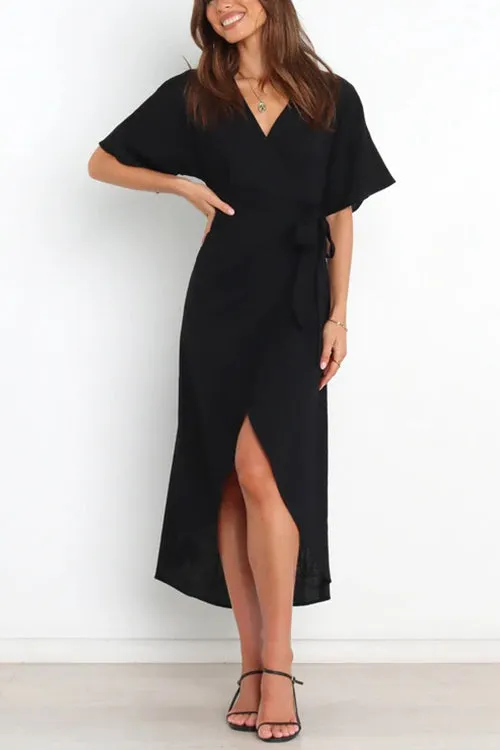 Solid V Neck Tulip Wrap Dress