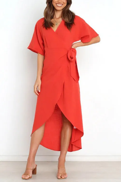 Solid V Neck Tulip Wrap Dress